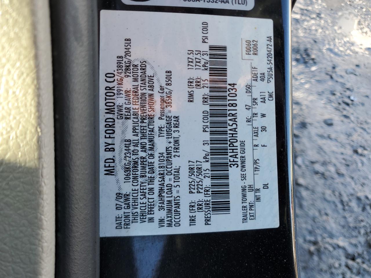 2010 Ford Fusion VIN 3FAHP0HA5AR181034 Copart auction photo, rear end / front end damage thumbnail 12