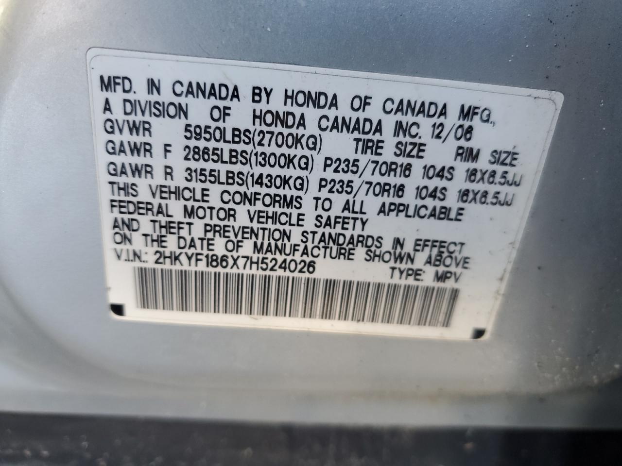2007 Honda Pilot VIN 2HKYF186X7H524026 Copart auction photo, undercarriage damage thumbnail 14
