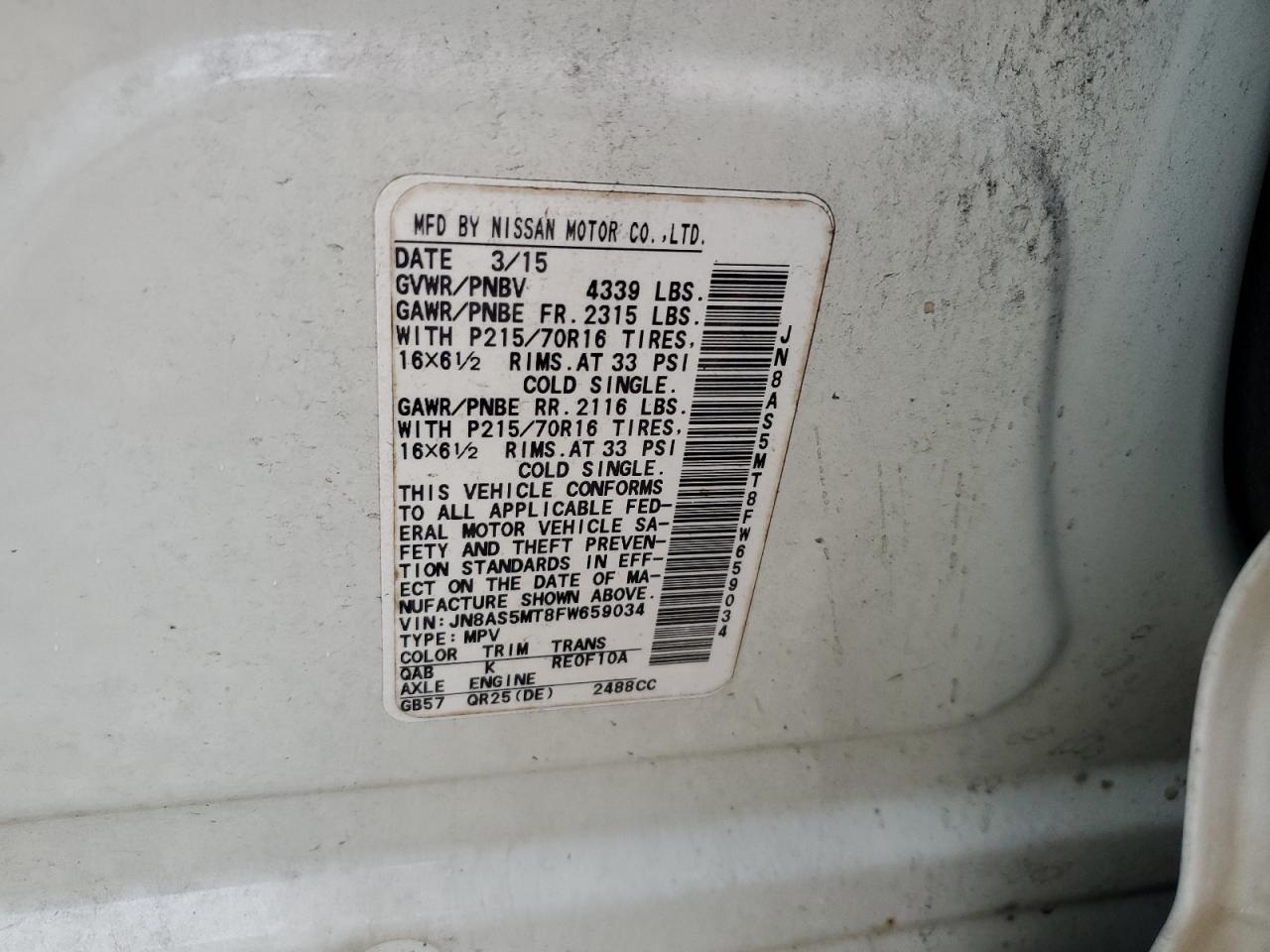 2015 Nissan Rogue VIN JN8AS5MT8FW659034 Copart auction photo, mechanical / rear end damage thumbnail 12