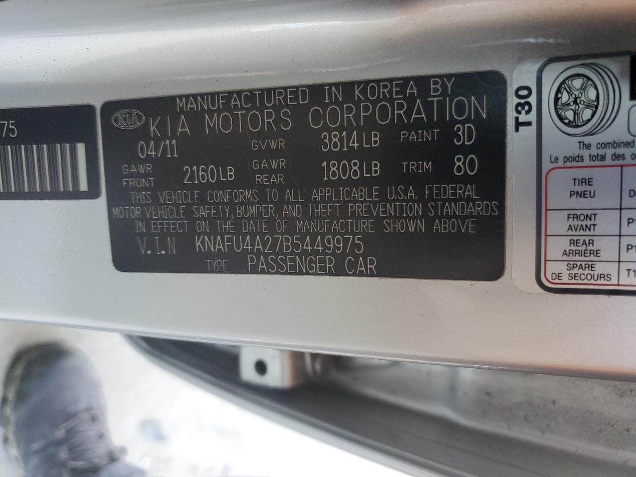 2011 KIA Forte VIN KNAFU4A27B5449975 Copart auction photo, top/roof / water/flood damage thumbnail 12
