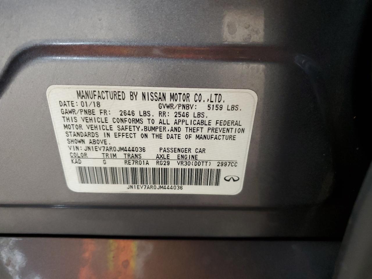 2018 Infiniti Q50 VIN JN1EV7AR0JM444036 Copart auction photo, front end damage thumbnail 12