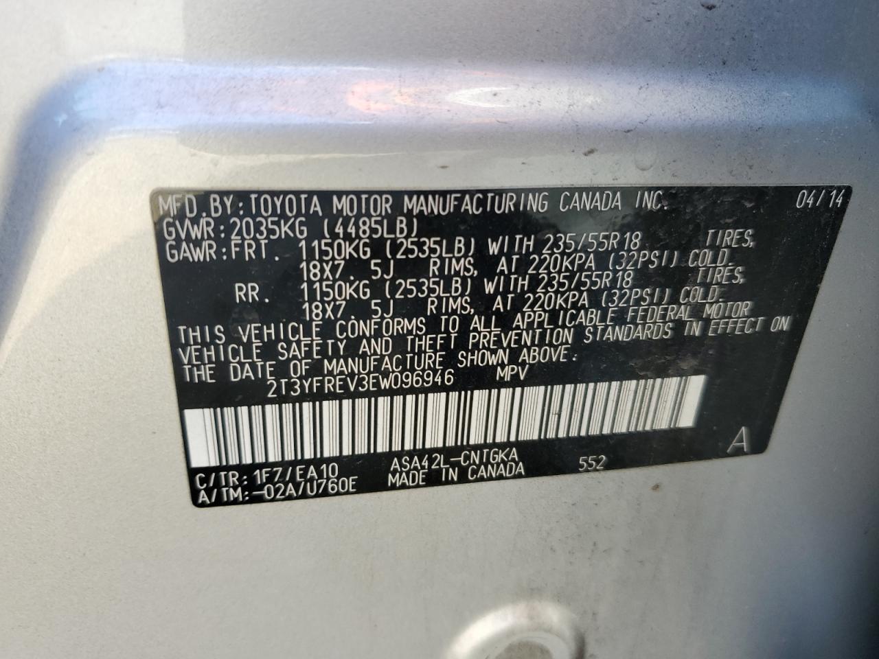 2014 Toyota RAV 4 VIN 2T3YFREV3EW096946 Copart auction photo, front end / undercarriage damage thumbnail 13