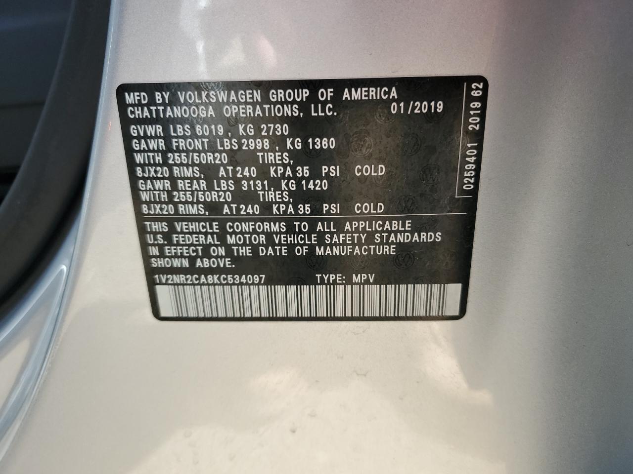 2019 Volkswagen Atlas VIN 1V2NR2CA8KC534097 Copart auction photo, rear end damage thumbnail 14