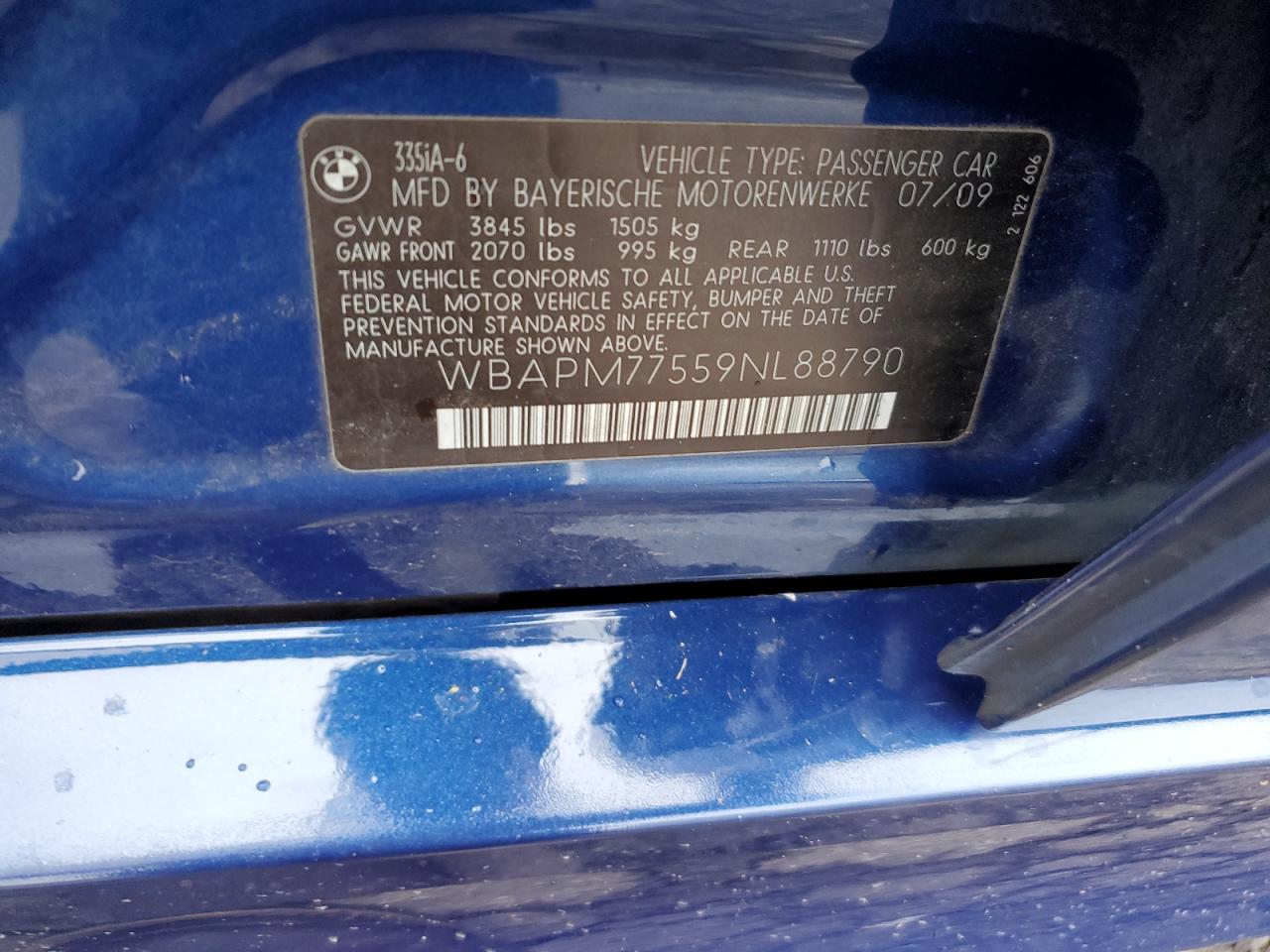 2009 BMW 3er VIN WBAPM77559NL88790 Copart auction photo, rear end damage thumbnail 14