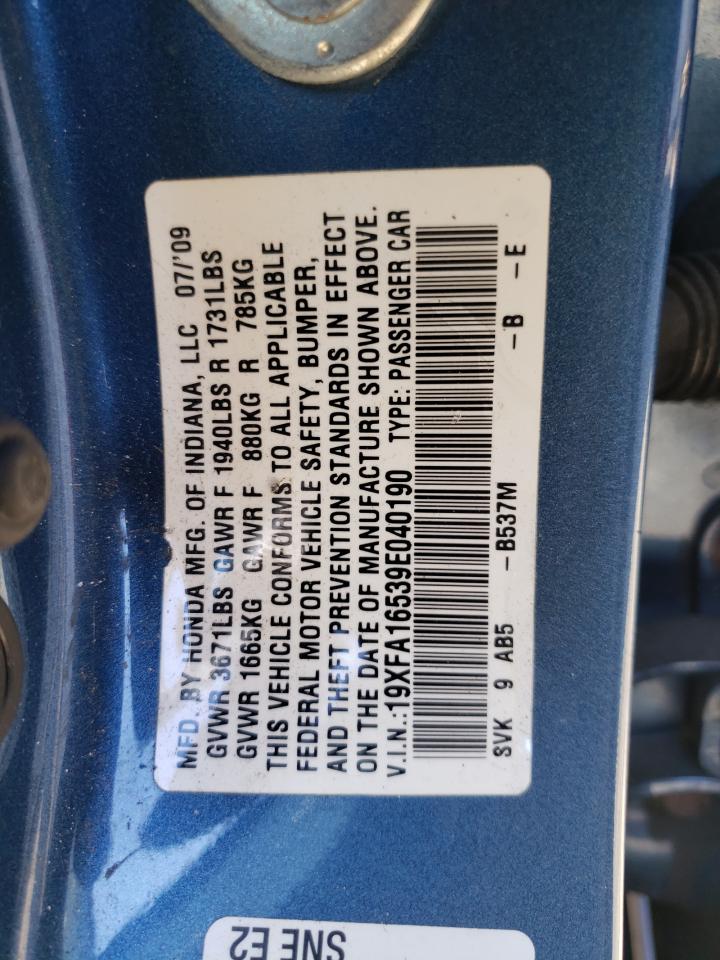 2009 Honda Civic VIN 19XFA16539E040190 Copart auction photo, front end damage thumbnail 12