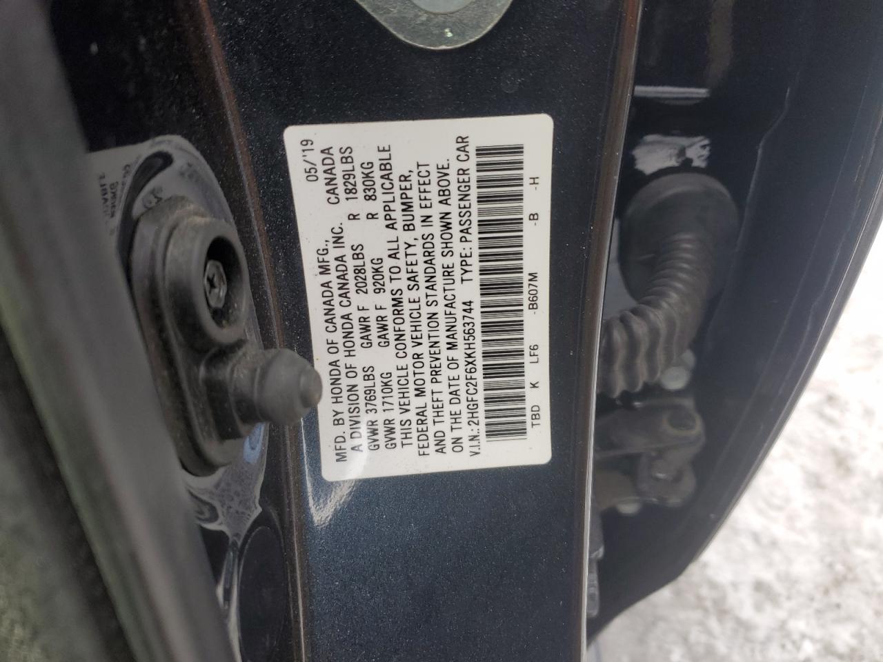 2019 Honda Civic VIN 2HGFC2F6XKH563744 Copart auction photo, front end damage thumbnail 13