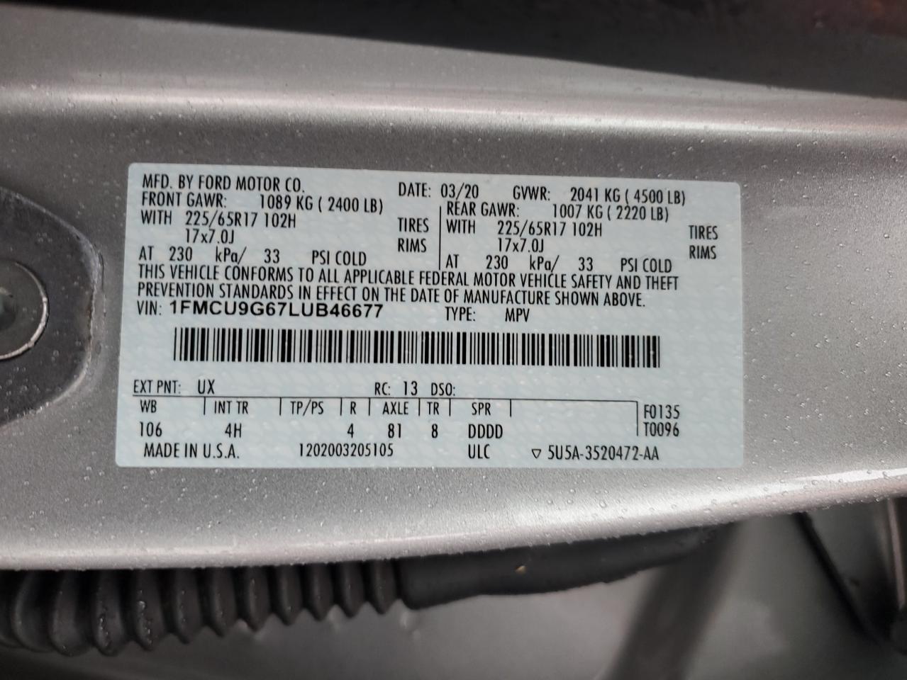 2020 Ford Escape VIN 1FMCU9G67LUB46677 Copart auction photo, rear end / undercarriage damage thumbnail 15