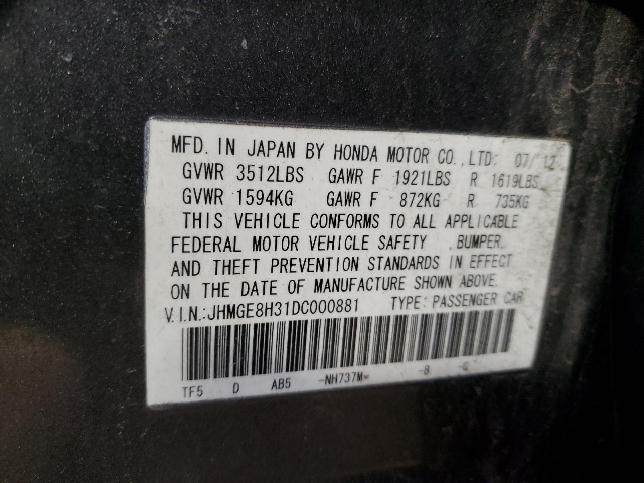 2013 Honda Fit VIN JHMGE8H31DC000881 Copart auction photo, rear end damage thumbnail 12