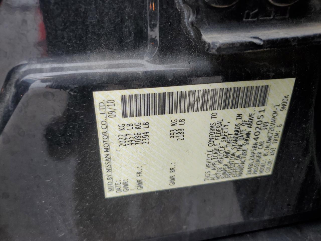 2011 Nissan Altima VIN 1N4BL2AP5BN402051 Copart auction photo, front end / rear end damage thumbnail 12