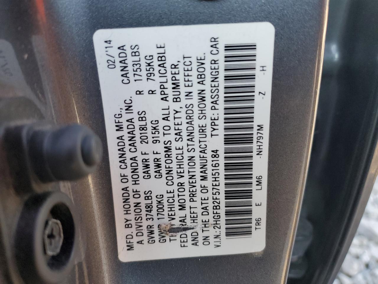 2014 Honda Civic VIN 2HGFB2F57EH516184 Copart auction photo, rear end / front end damage thumbnail 12