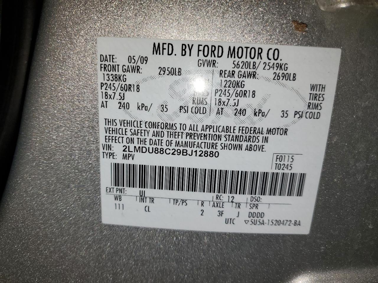 2009 Lincoln MKX VIN 2LMDU88C29BJ12880 Copart auction photo, front end damage thumbnail 15