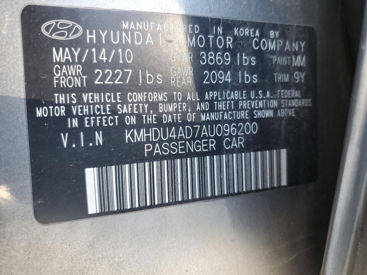 2010 Hyundai Elantra VIN KMHDU4AD7AU096200 Copart auction photo, vandalism damage thumbnail 12