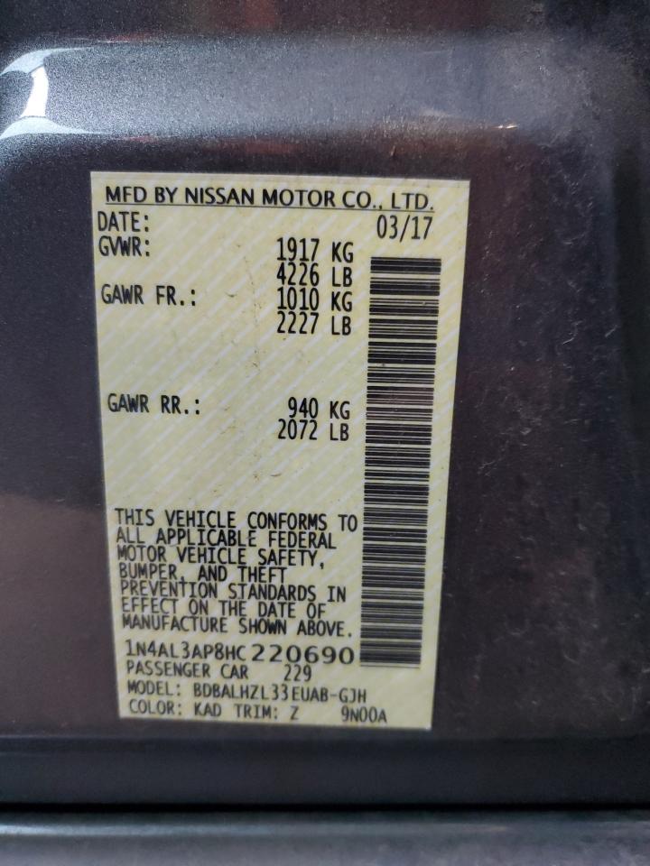 2017 Nissan Altima VIN 1N4AL3AP8HC220690 Copart auction photo, rear end damage thumbnail 13