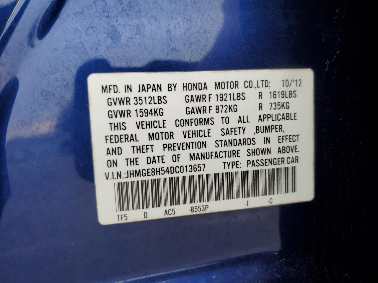 2013 Honda Fit VIN JHMGE8H54DC013657 Copart auction photo, front end / side damage thumbnail 12