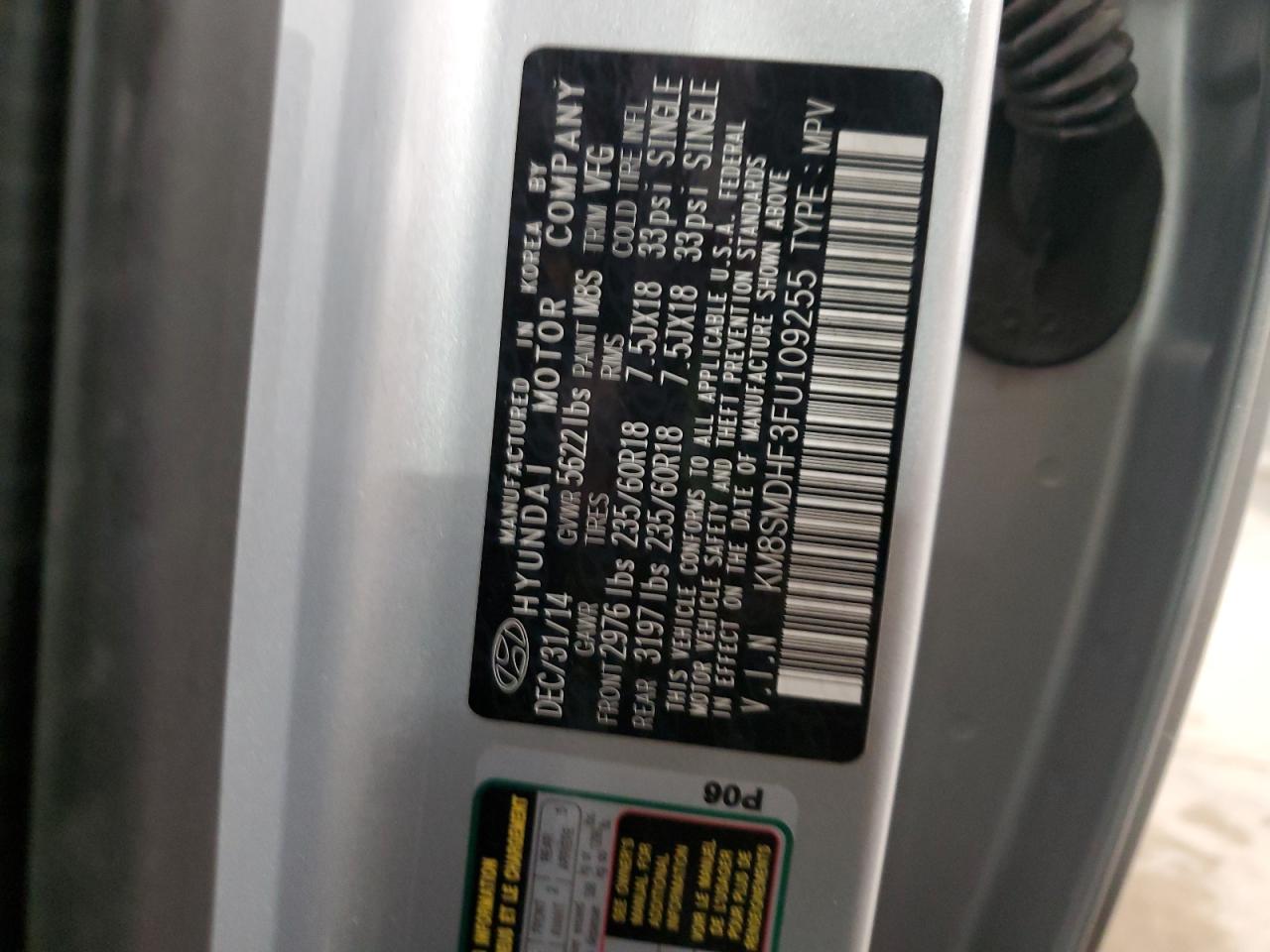 2015 Hyundai Santa Fe VIN KM8SMDHF3FU109255 Copart auction photo, rear end / front end damage thumbnail 15