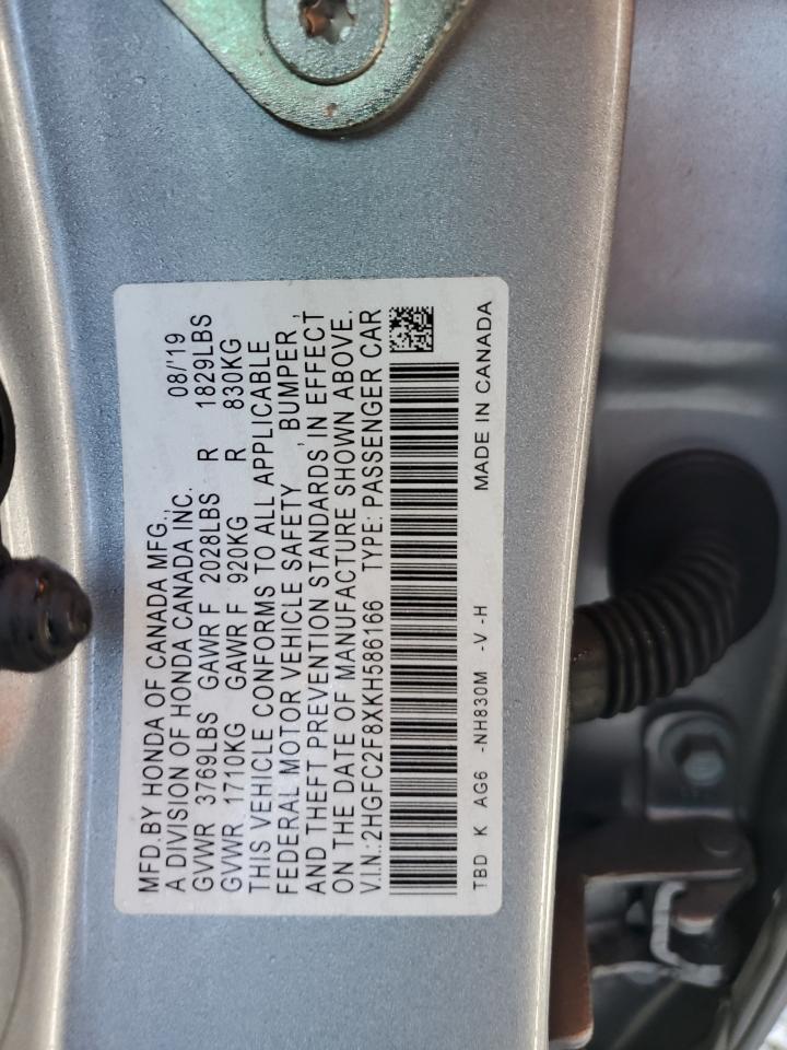 2019 Honda Civic VIN 2HGFC2F8XKH586166 Copart auction photo, front end damage thumbnail 14