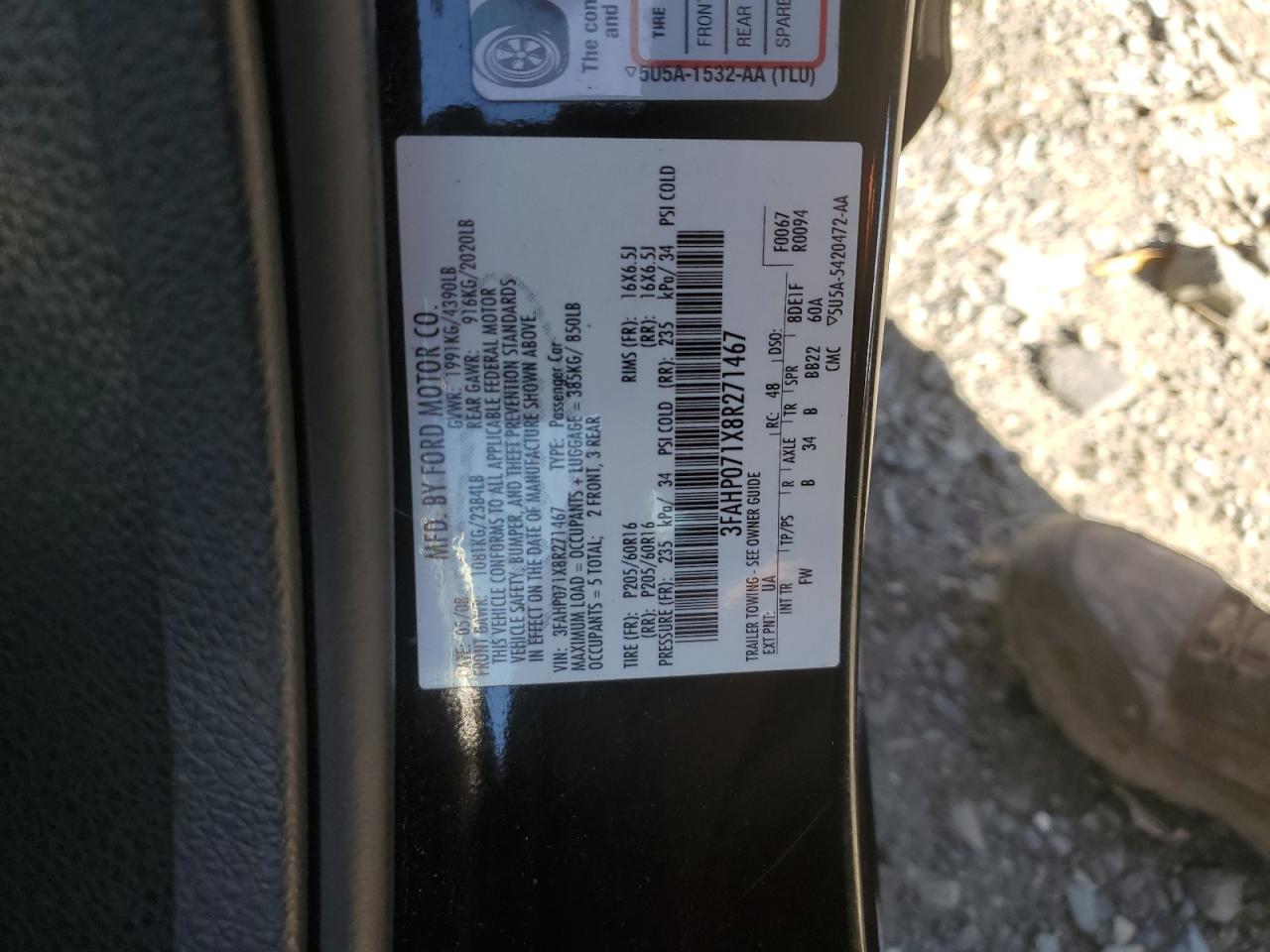 2008 Ford Fusion VIN 3FAHP071X8R271467 Copart auction photo, front end damage thumbnail 13