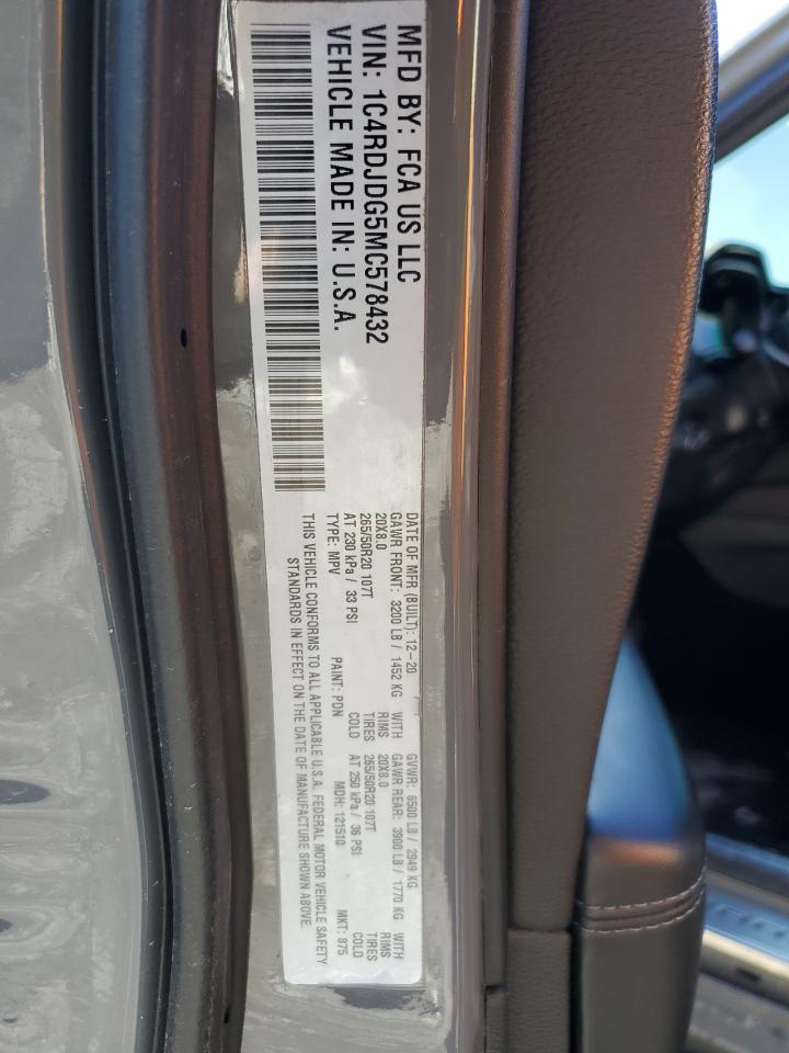 2021 Dodge Durango VIN 1C4RDJDG5MC578432 Copart auction photo, front end / side damage thumbnail 13