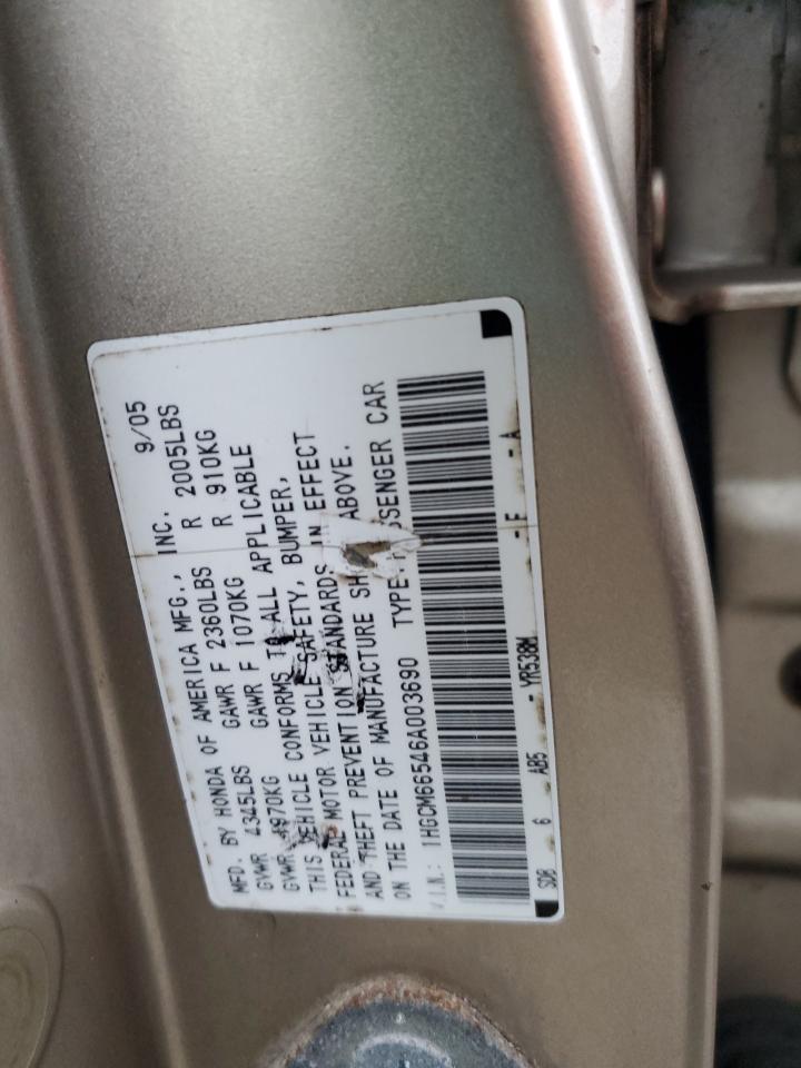 2006 Honda Accord VIN 1HGCM66546A003690 Copart auction photo, front end damage thumbnail 12