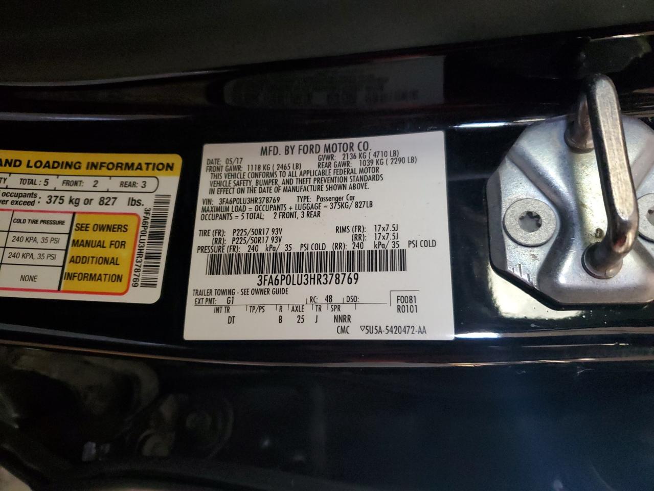 2017 Ford Fusion VIN 3FA6P0LU3HR378769 Copart auction photo, front end damage thumbnail 12