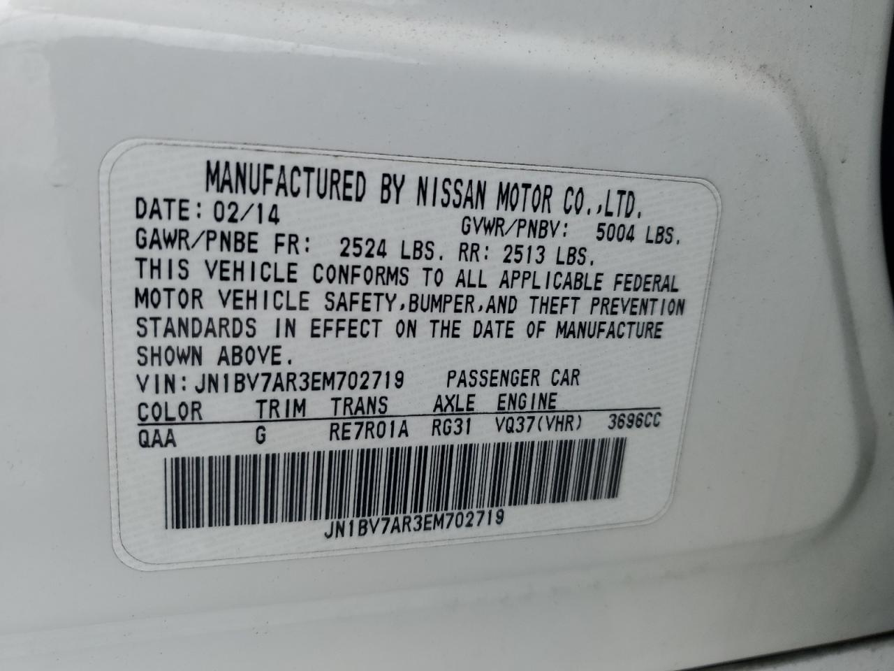 2014 Infiniti Q50 VIN JN1BV7AR3EM702719 Copart auction photo, minor dent/scratches damage thumbnail 12