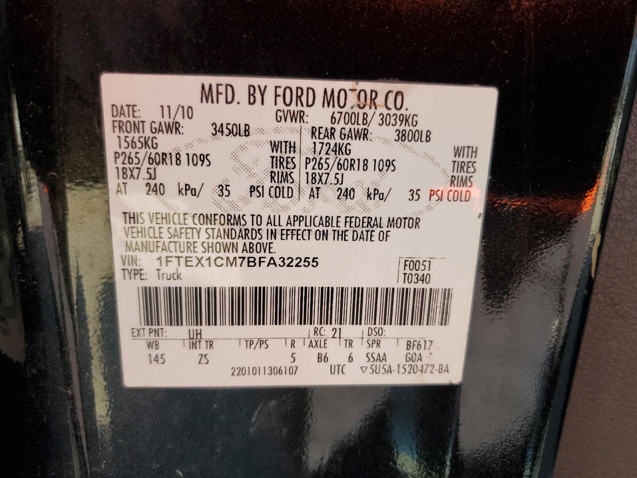 2011 Ford F-150 VIN 1FTEX1CM7BFA32255 Copart auction photo, side damage thumbnail 12