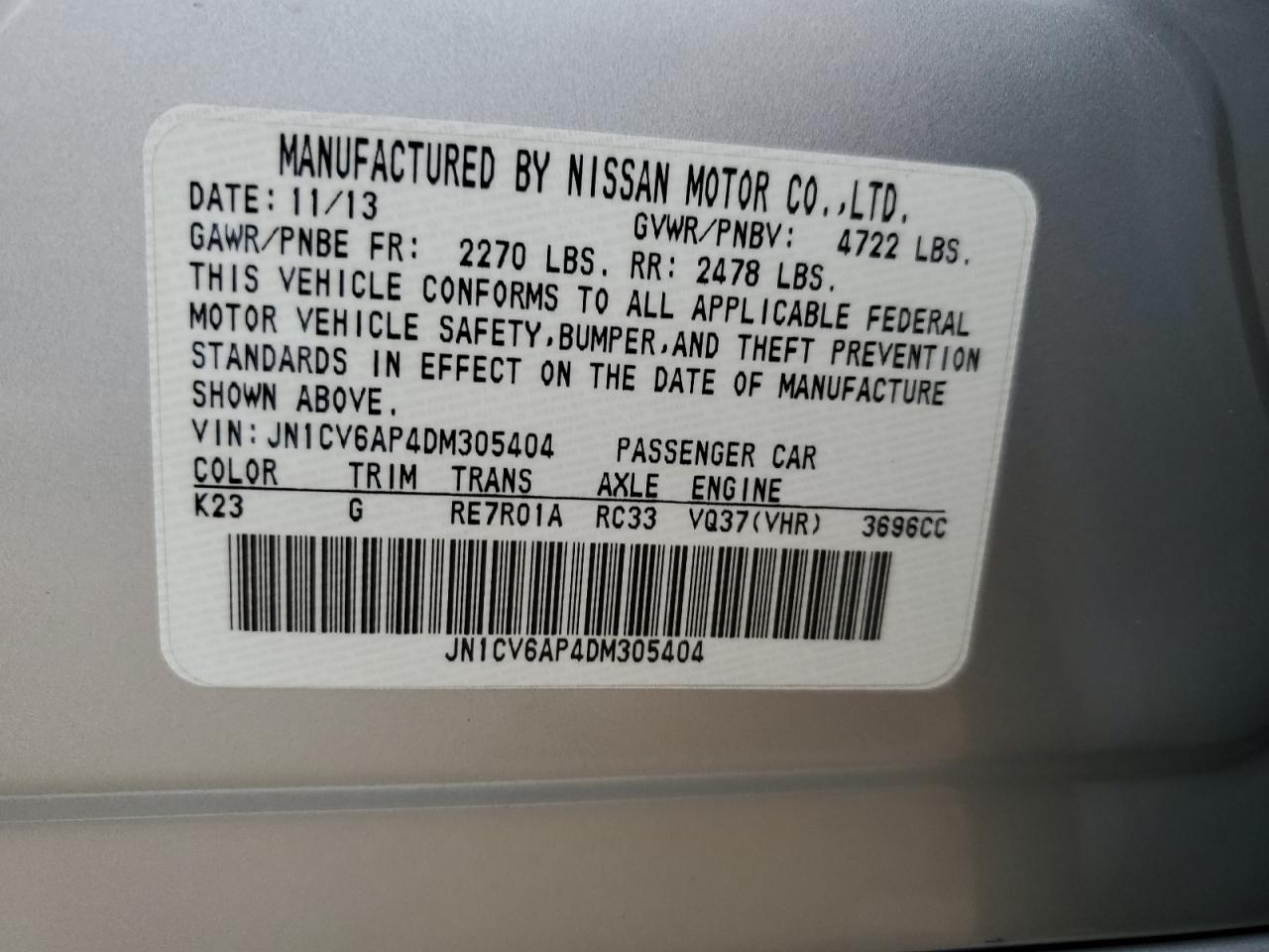 2013 Infiniti G VIN JN1CV6AP4DM305404 Copart auction photo, vandalism damage thumbnail 14