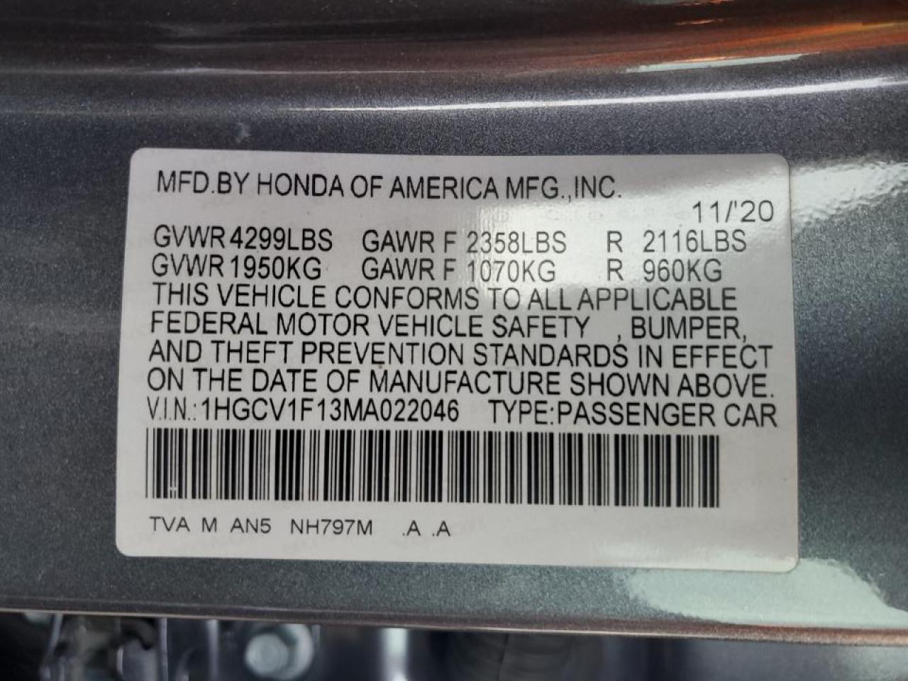 2021 Honda Accord VIN 1HGCV1F13MA022046 Copart auction photo, front end damage thumbnail 13