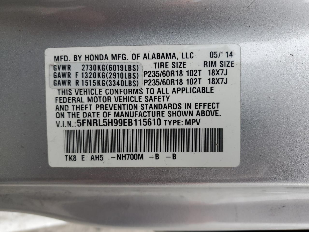 2014 Honda Odyssey VIN 5FNRL5H99EB115610 Copart auction photo, rear end / side damage thumbnail 12