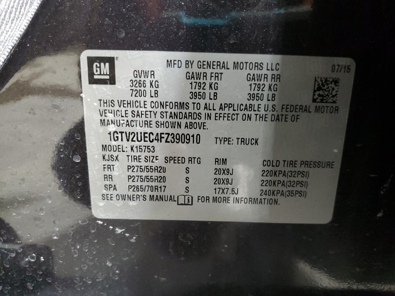 2015 GMC Sierra VIN 1GTV2UEC4FZ390910 Copart auction photo, rollover damage thumbnail 12