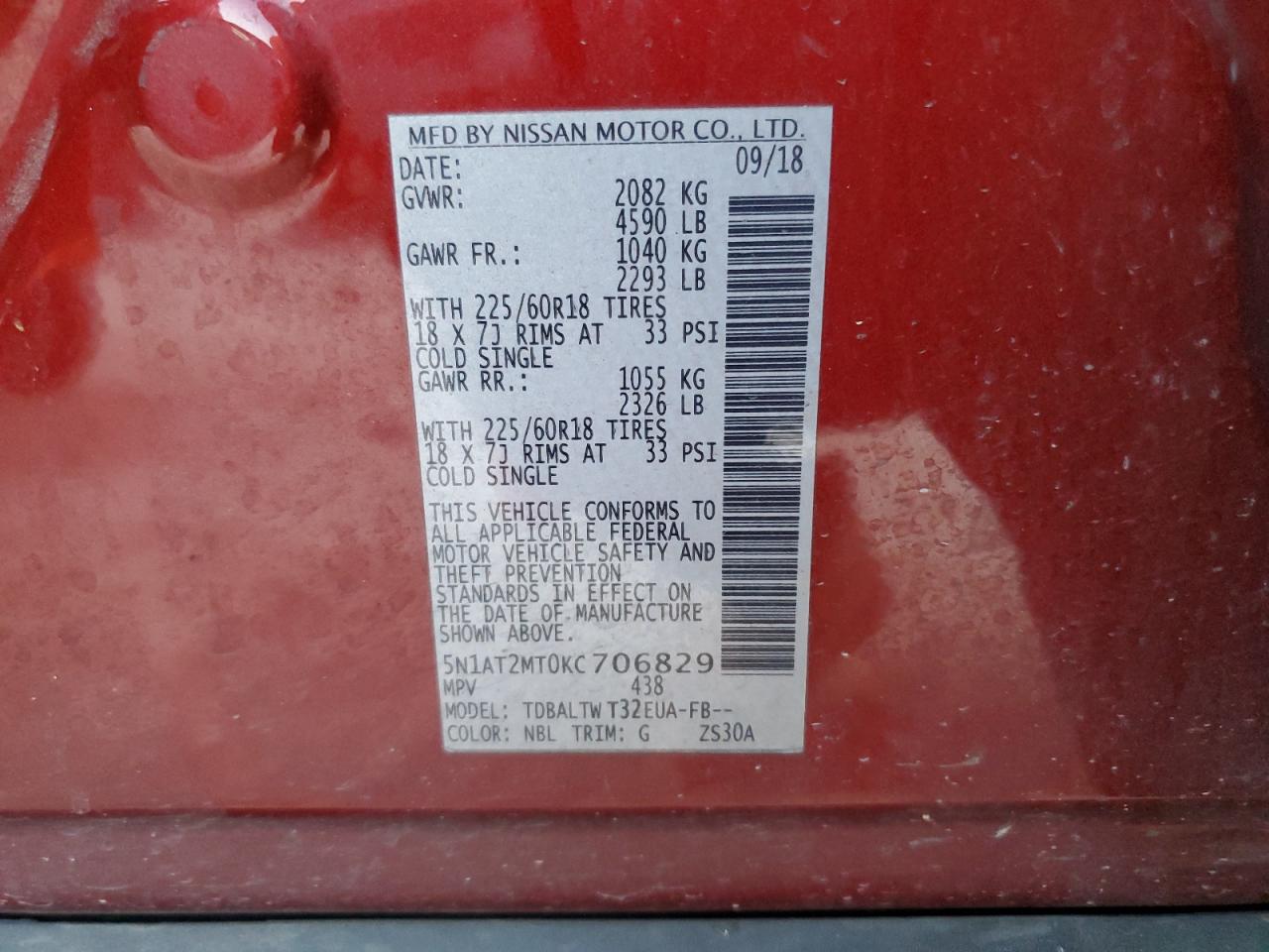 2019 Nissan Rogue VIN 5N1AT2MT0KC706829 Copart auction photo, front end damage thumbnail 13