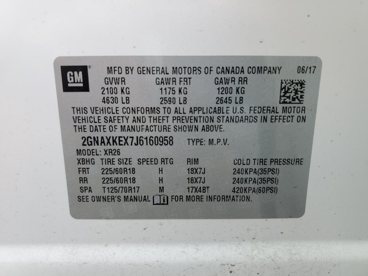 2018 Chevrolet Equinox VIN 2GNAXKEX7J6160958 Copart auction photo, rear end damage thumbnail 15