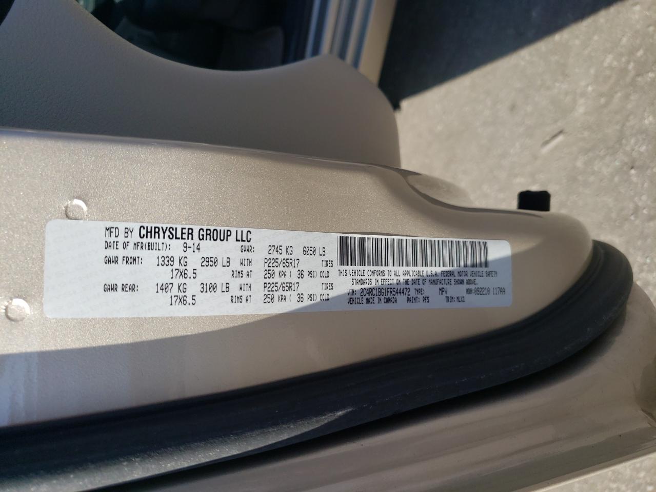 2015 Chrysler Town & Country VIN 2C4RC1BG1FR544472 Copart auction photo, rear end damage thumbnail 13
