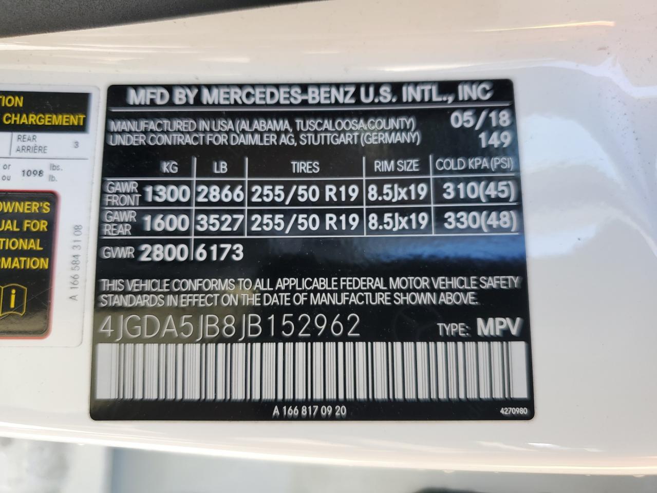 2018 Mercedes-Benz GLE VIN 4JGDA5JB8JB152962 Copart auction photo, rear end damage thumbnail 13
