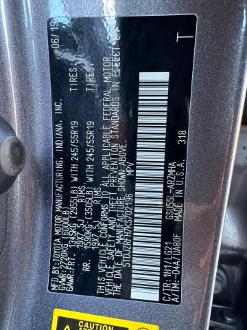 2019 Toyota Highlander VIN 5TDJZRFH7KS702196 Copart auction photo, normal wear damage thumbnail 10