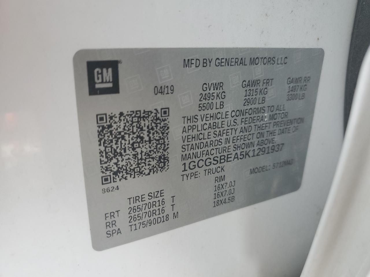 2019 Chevrolet Colorado VIN 1GCGSBEA5K1291937 Copart auction photo, front end damage thumbnail 12