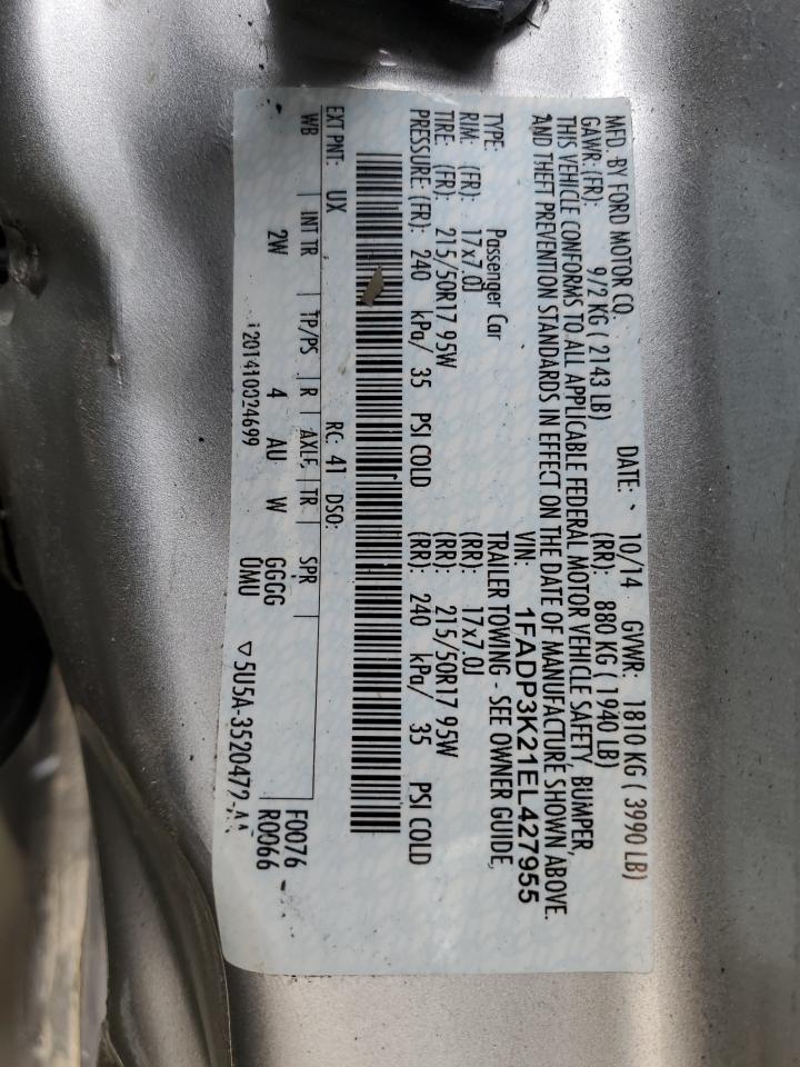 2014 Ford Focus VIN 1FADP3K21EL427955 Copart auction photo, side / front end damage thumbnail 12
