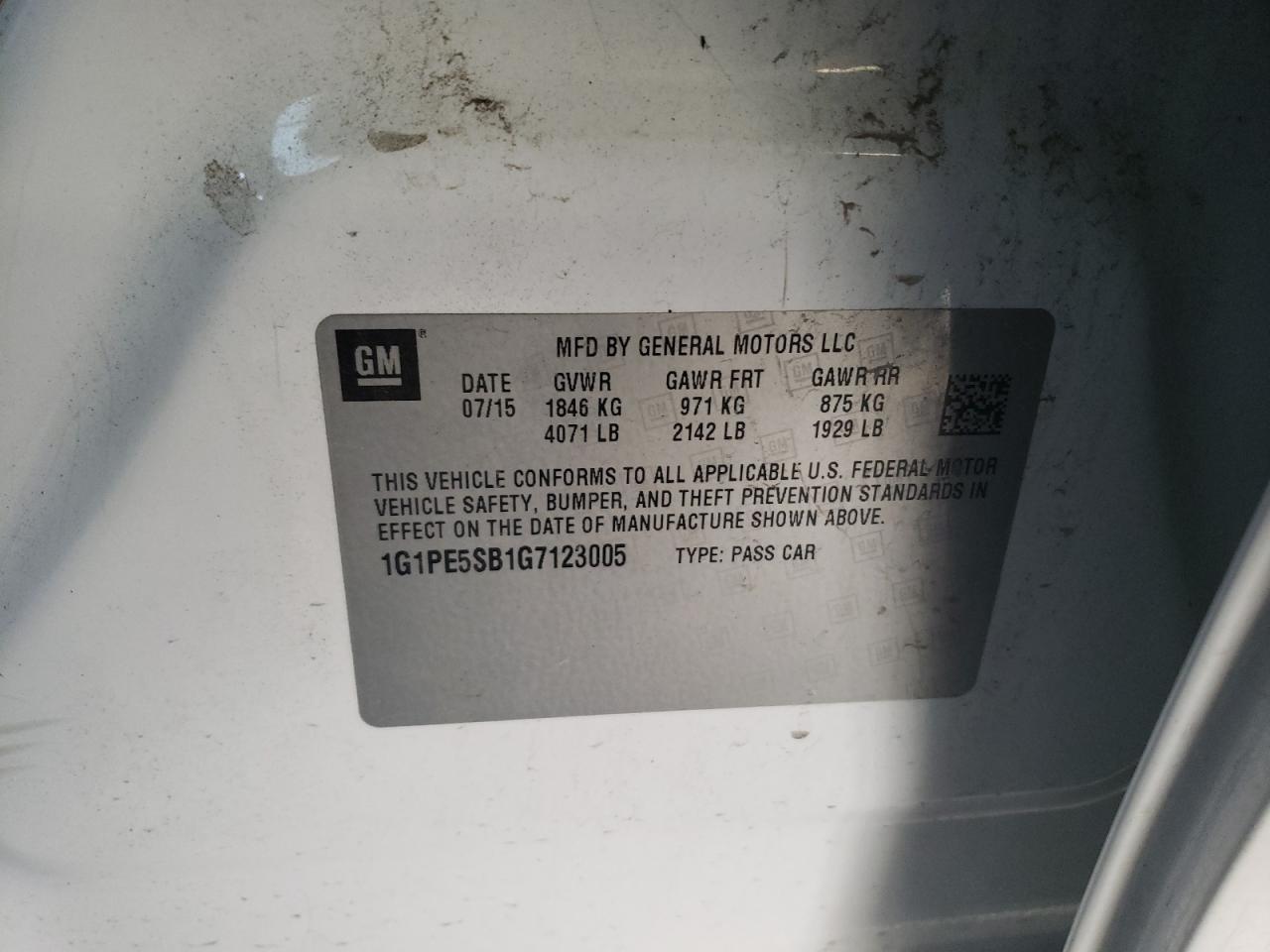 2016 Chevrolet Cruze VIN 1G1PE5SB1G7123005 Copart auction photo, rear end damage thumbnail 12