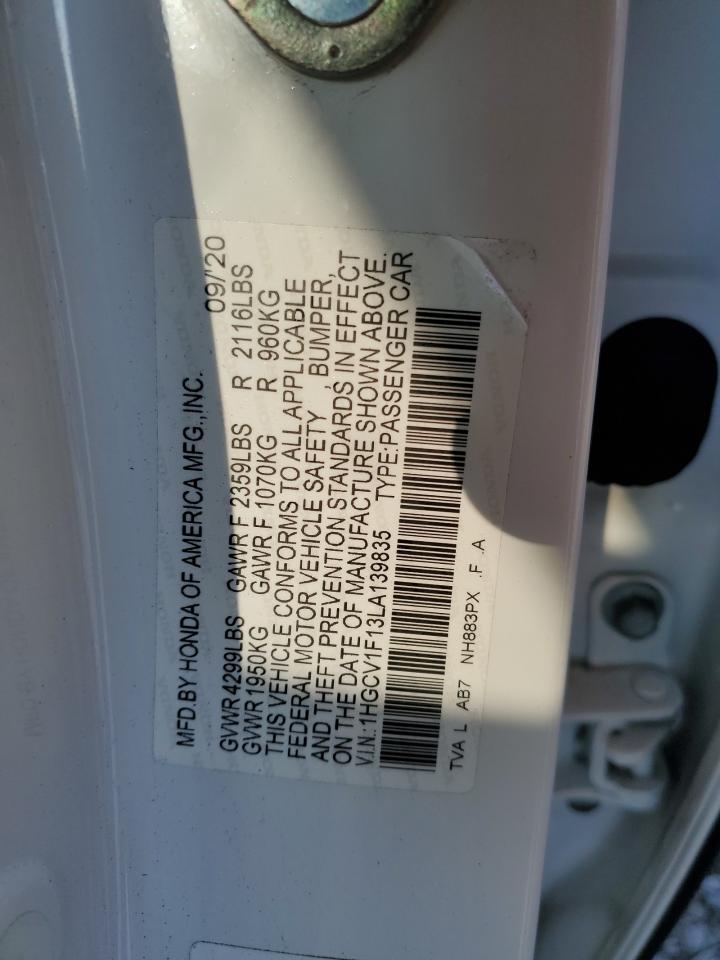 2020 Honda Accord VIN 1HGCV1F13LA139835 Copart auction photo, front end / undercarriage damage thumbnail 12