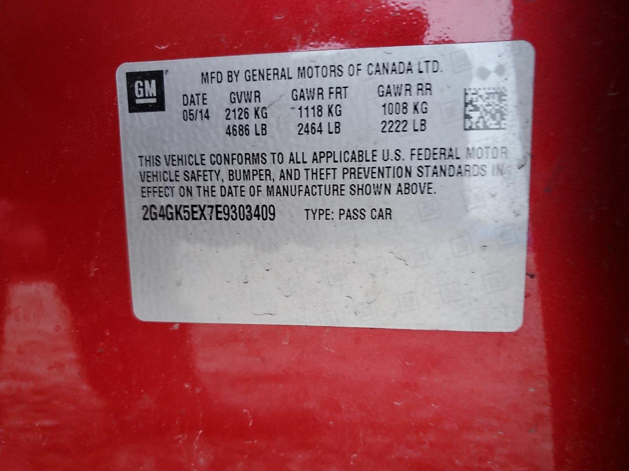 2014 Buick Regal VIN 2G4GK5EX7E9303409 Copart auction photo, front end damage thumbnail 12