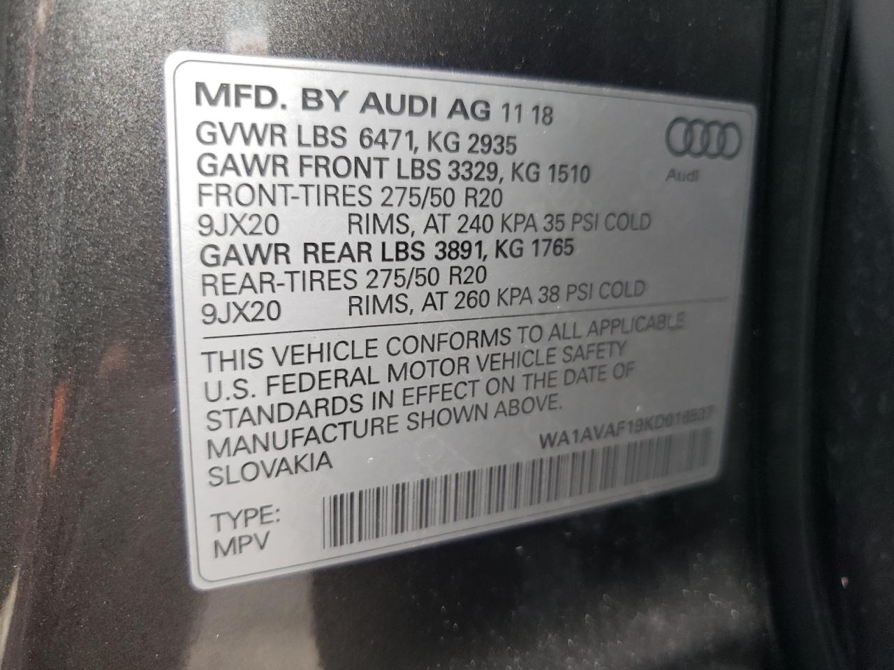 2019 Audi Q8 VIN WA1AVAF19KD016537 Copart auction photo, front end damage thumbnail 13