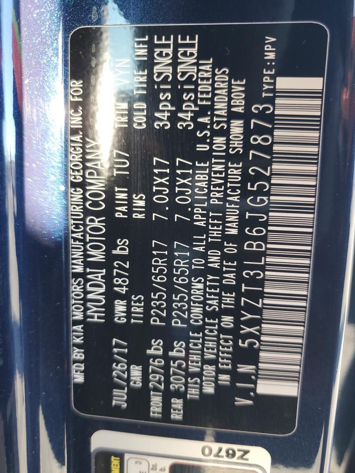2018 Hyundai Santa Fe VIN 5XYZT3LB6JG527873 Copart auction photo, front end damage thumbnail 13