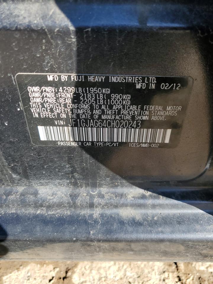 2012 Subaru Impreza VIN JF1GJAG64CH020243 Copart auction photo, front end / all over damage thumbnail 12