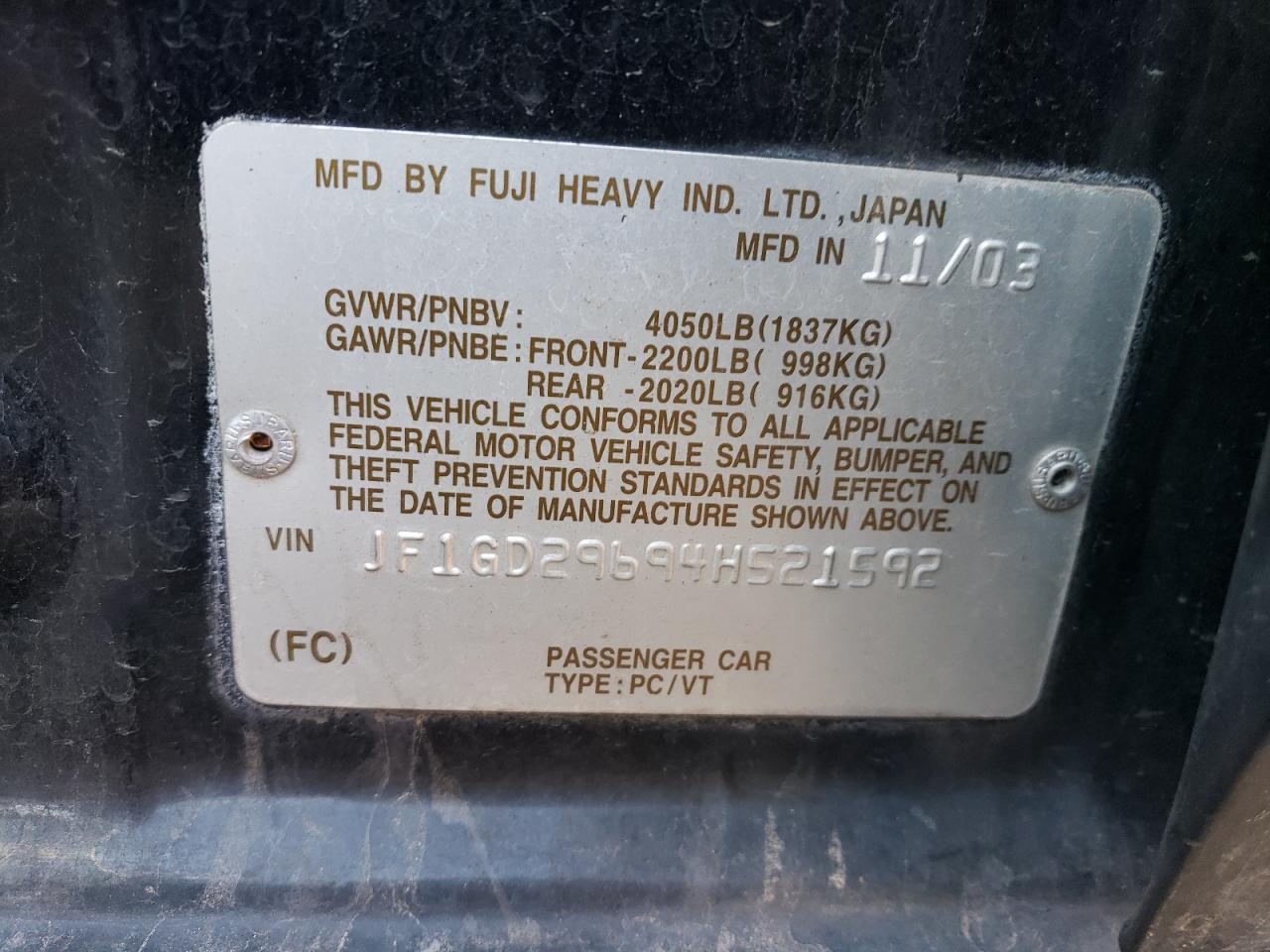 2004 Subaru WRX VIN JF1GD29694H521592 Copart auction photo, front end damage thumbnail 12