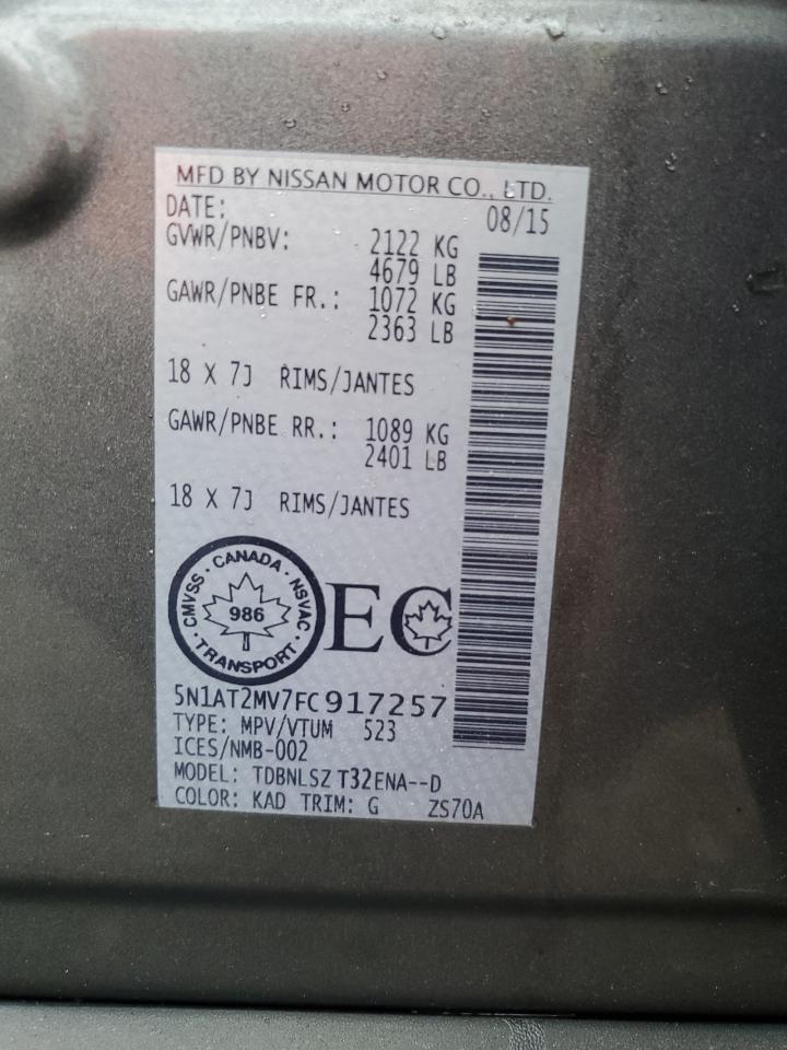 2015 Nissan Rogue VIN 5N1AT2MV7FC917257 Copart auction photo, water/flood damage thumbnail 14