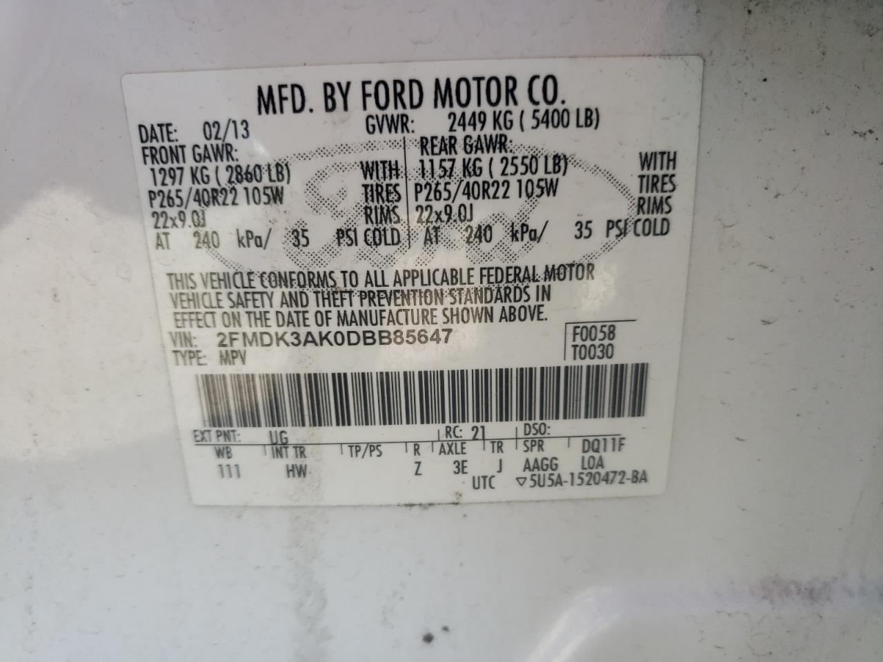 2013 Ford Edge VIN 2FMDK3AK0DBB85647 Copart auction photo, rear end / minor dent/scratches damage thumbnail 15