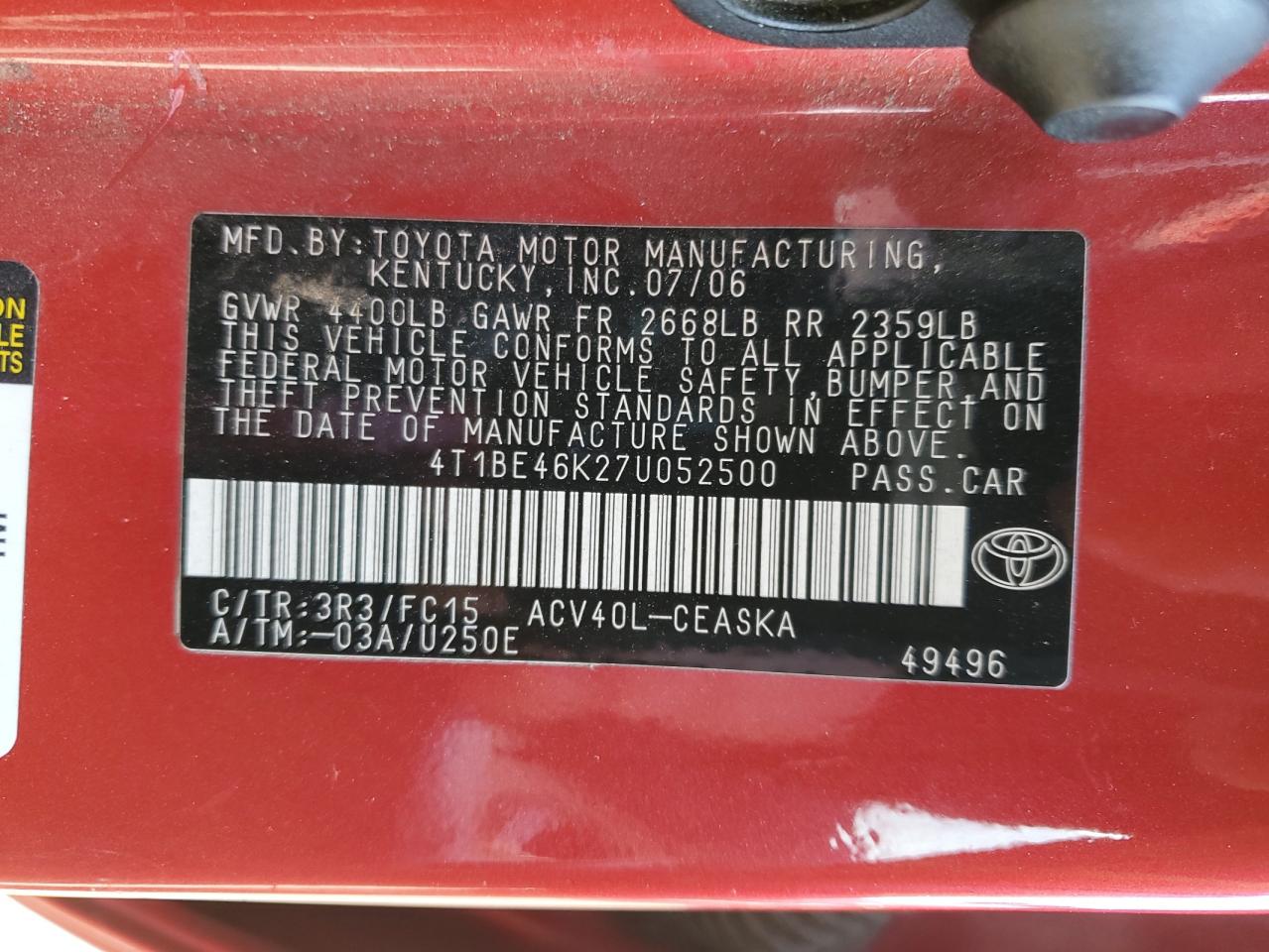 2007 Toyota Camry VIN 4T1BE46K27U052500 Copart auction photo, front end / rear end damage thumbnail 12