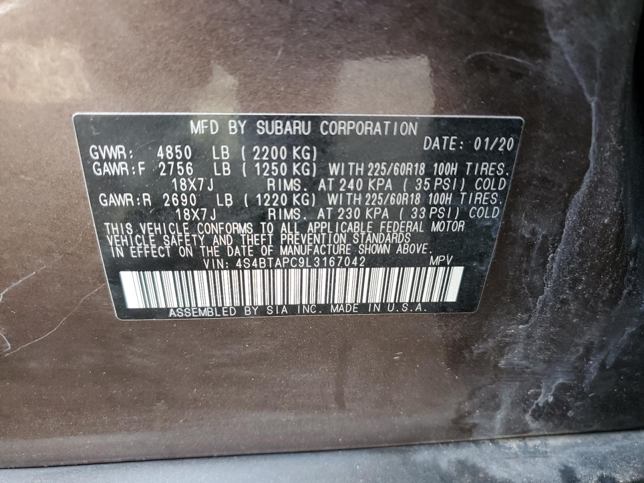 2020 Subaru Outback VIN 4S4BTAPC9L3167042 Copart auction photo, front end / rear end damage thumbnail 12