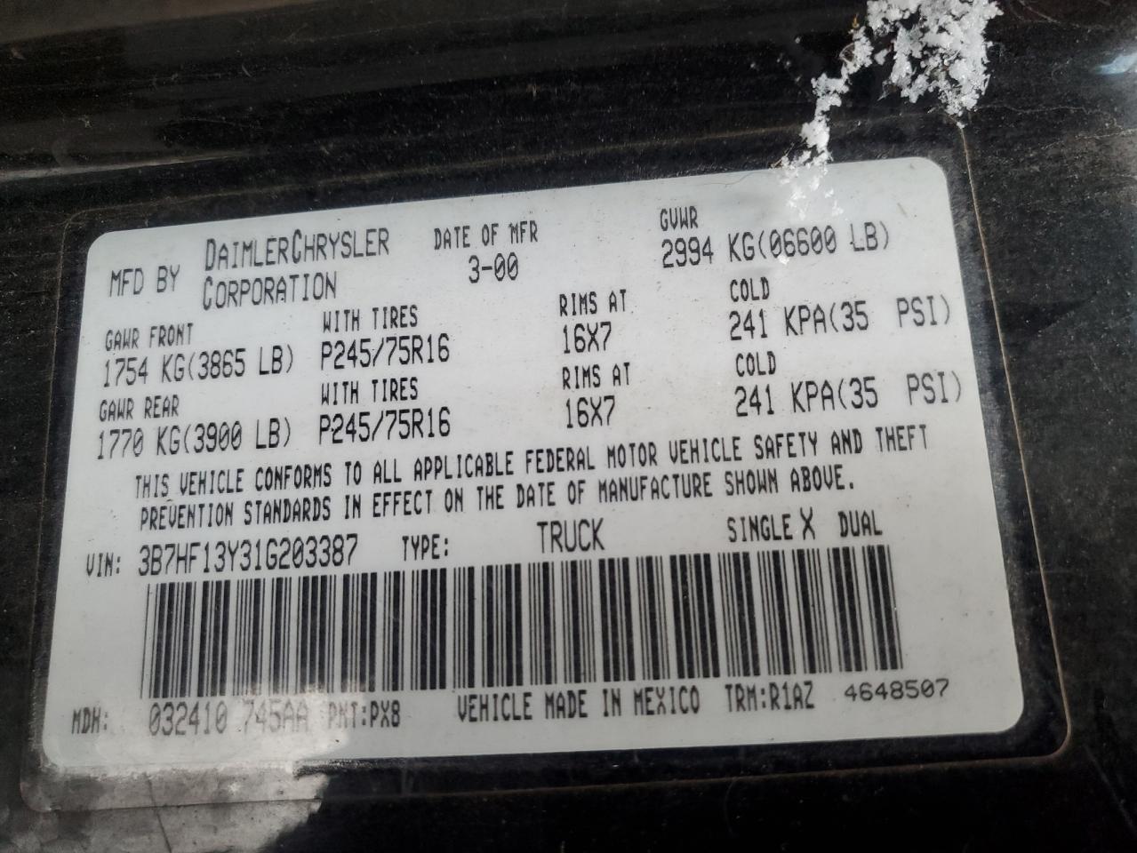 2001 Dodge RAM VIN 3B7HF13Y31G203387 Copart auction photo, burn - interior / burn - engine damage thumbnail 12