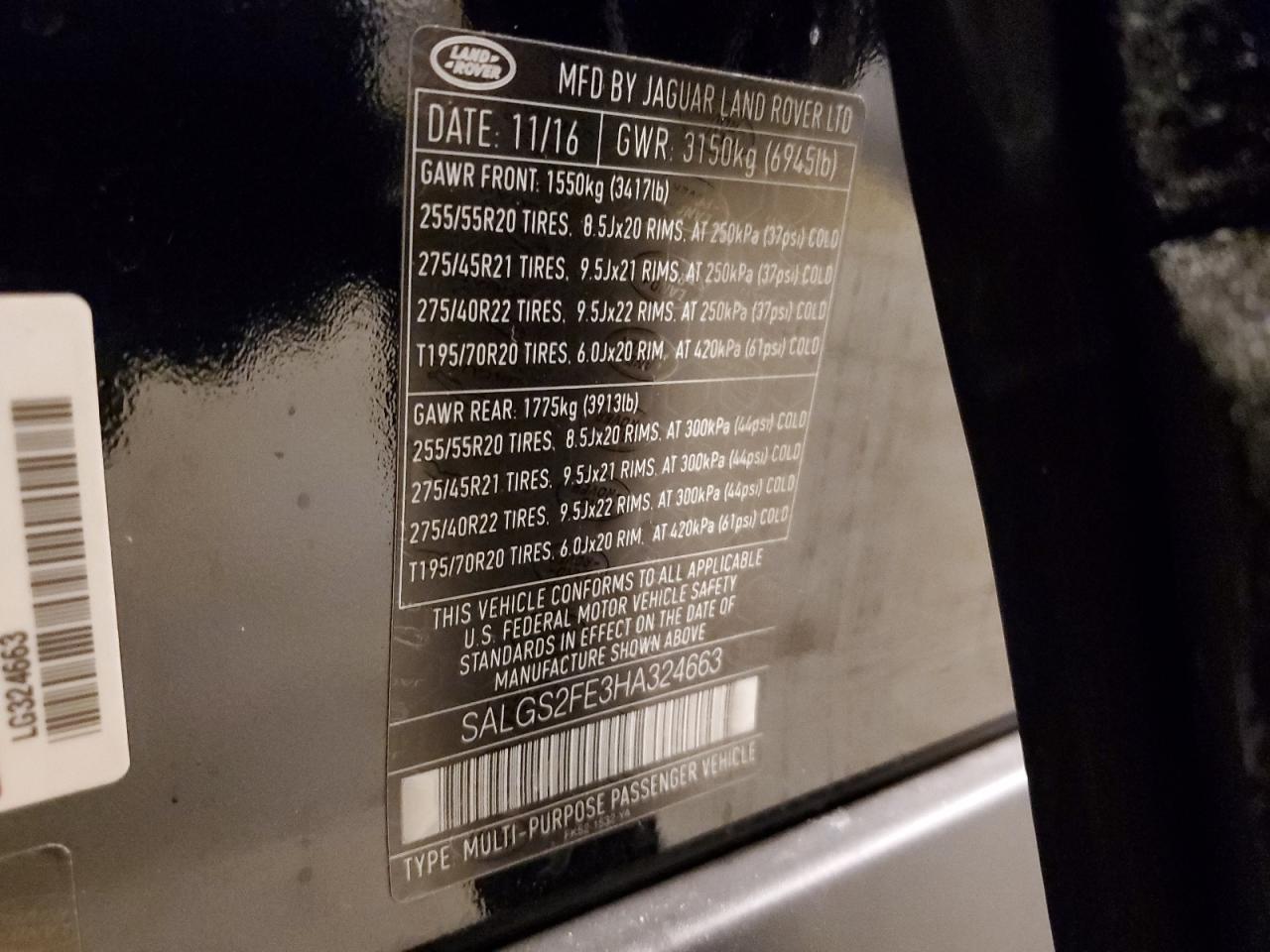 2017 Land Rover Range Rover VIN SALGS2FE3HA324663 Copart auction photo, front end damage thumbnail 13